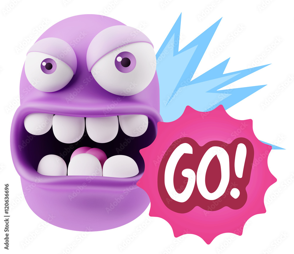 Poster 3d rendering angry character emoji saying go with colorful speec