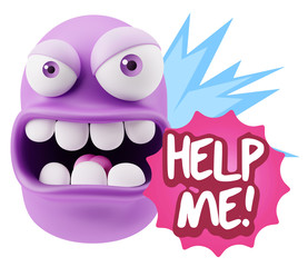 3d Rendering Angry Character Emoji saying Help me with Colorful