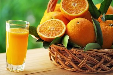 glass of orange juice and ripe fruits