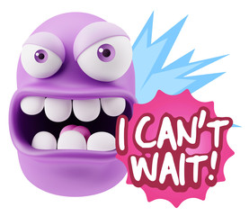 3d Rendering Angry Character Emoji saying I Can't Wait with Colo