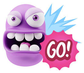 3d Rendering Angry Character Emoji saying Go with Colorful Speec