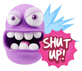 3d Rendering Angry Character Emoji saying Shut Up with Colorful