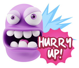 3d Rendering Angry Character Emoji saying Hurry Up with Colorful