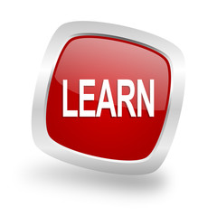 learn square red glossy chrome silver metallic web icon