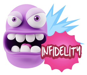 3d Rendering Angry Character Emoji saying Infidelity with Colorf