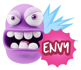 3d Rendering Angry Character Emoji saying Envy with Colorful Spe