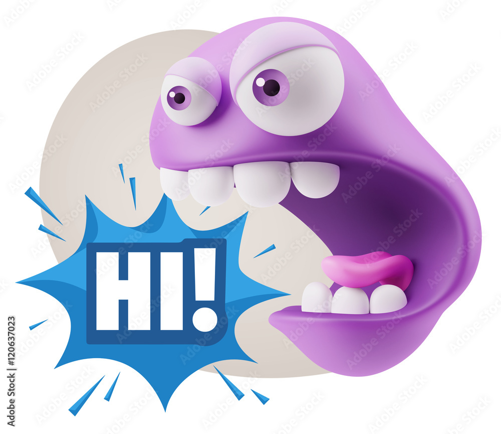 Poster 3d rendering angry character emoji saying hi with colorful speec