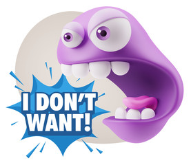 3d Rendering Angry Character Emoji saying I Don't Want with Colo