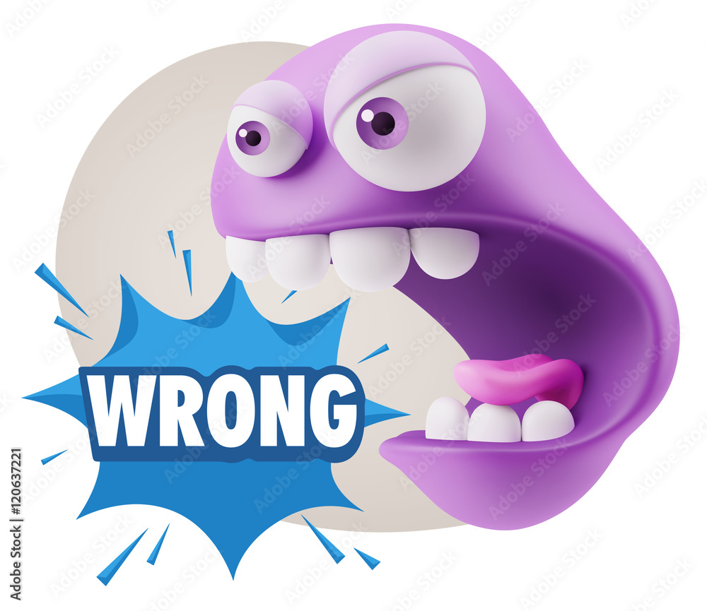 Poster 3d rendering angry character emoji saying wrong with colorful sp