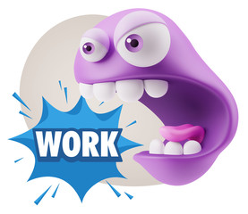 3d Rendering Angry Character Emoji saying Work with Colorful Spe