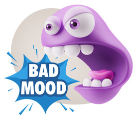 3d Rendering Angry Character Emoji saying Bad Mood with Colorful