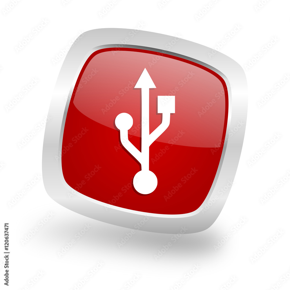 Poster usb square red glossy chrome silver metallic web icon