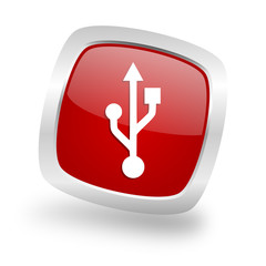 usb square red glossy chrome silver metallic web icon