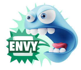 3d Rendering Angry Character Emoji saying Envy with Colorful Spe