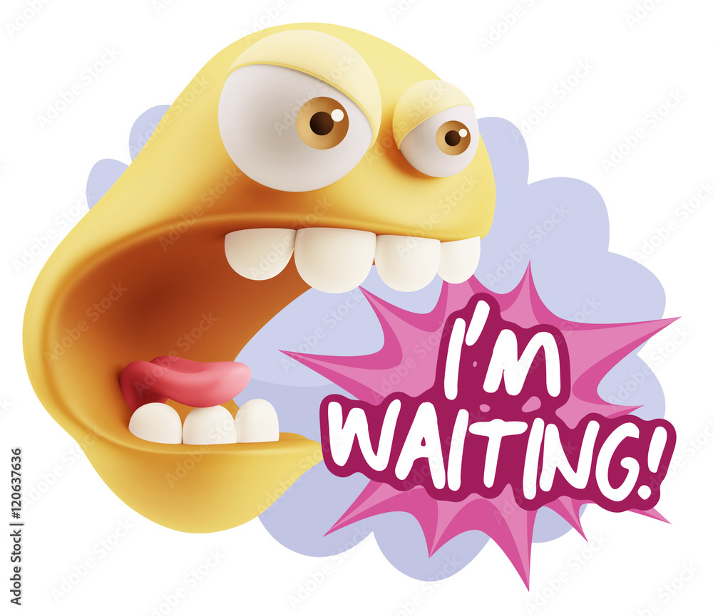 Poster 3d rendering angry character emoji saying i'm waiting with color