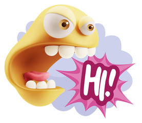3d Rendering Angry Character Emoji saying Hi with Colorful Speec © xtock