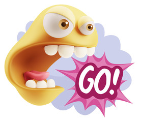 3d Rendering Angry Character Emoji saying Go with Colorful Speec