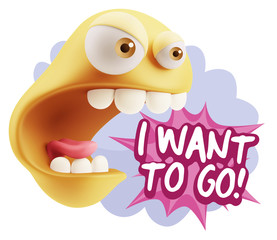 3d Rendering Angry Character Emoji saying I Want to Go with Colo