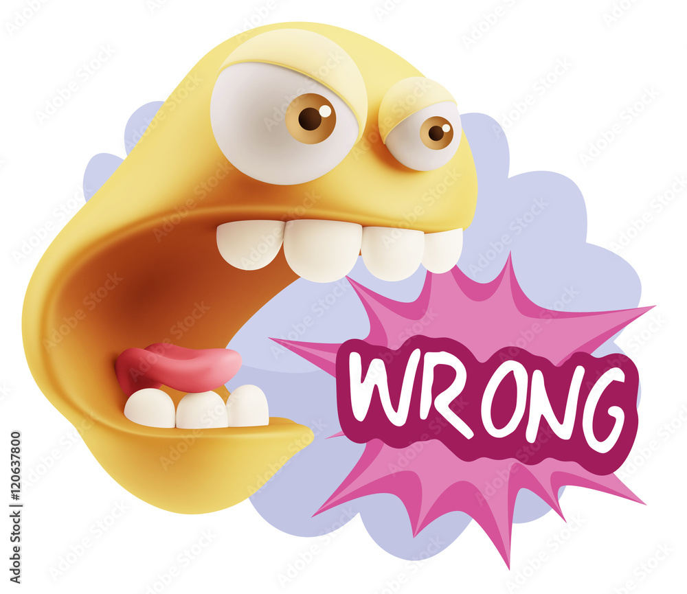 Poster 3d rendering angry character emoji saying wrong with colorful sp