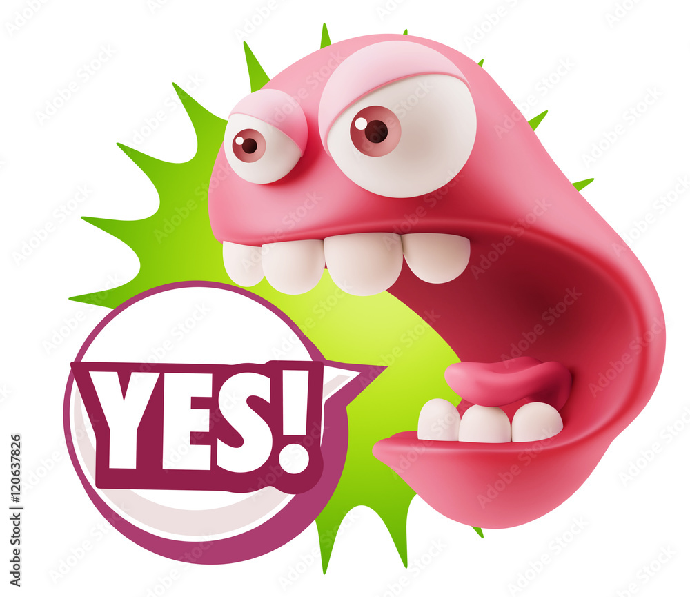 Poster 3d rendering angry character emoji saying yes with colorful spee