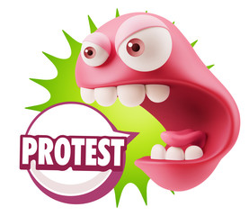 3d Rendering Angry Character Emoji saying Protest with Colorful