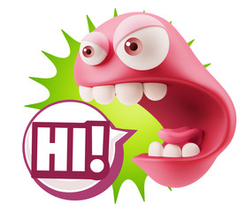 3d Rendering Angry Character Emoji saying Hi with Colorful Speec