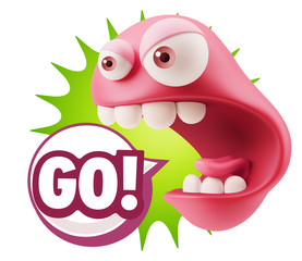 3d Rendering Angry Character Emoji saying Go with Colorful Speec