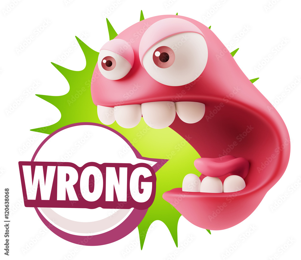 Poster 3d rendering angry character emoji saying wrong with colorful sp
