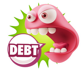 3d Rendering Angry Character Emoji saying Debt with Colorful Spe