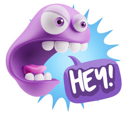 3d Rendering Angry Character Emoji saying Hey with Colorful Spee