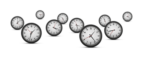 Group of clocks on white background
