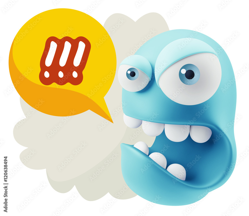 Poster 3d rendering angry character emoji saying !!! with colorful spee