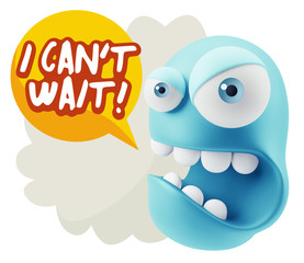 3d Rendering Angry Character Emoji saying I Can't Wait with Colo