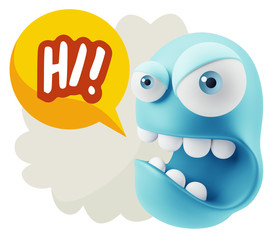 3d Rendering Angry Character Emoji saying Hi with Colorful Speec