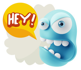 3d Rendering Angry Character Emoji saying Hey with Colorful Spee