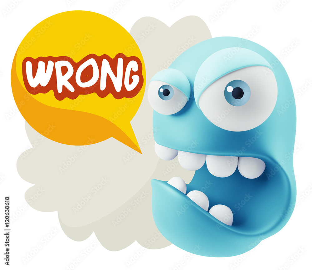 Poster 3d rendering angry character emoji saying wrong with colorful sp