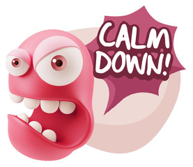 3d Rendering Angry Character Emoji saying Calm Down with Colorfu