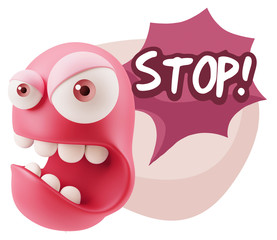 3d Rendering Angry Character Emoji saying Stop with Colorful Spe