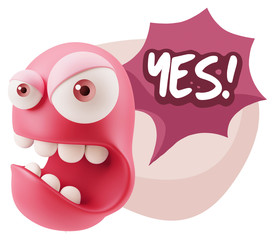 3d Rendering Angry Character Emoji saying Yes with Colorful Spee