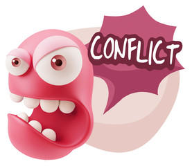 3d Rendering Angry Character Emoji saying Conflict with Colorful