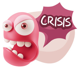 3d Rendering Angry Character Emoji saying Crisis with Colorful S