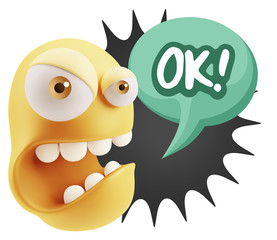 3d Rendering Angry Character Emoji saying OK with Colorful Speec