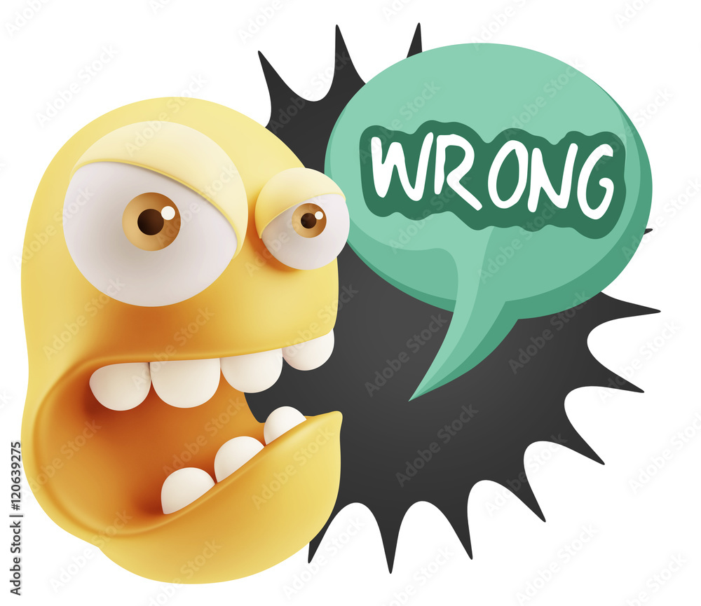 Poster 3d rendering angry character emoji saying wrong with colorful sp