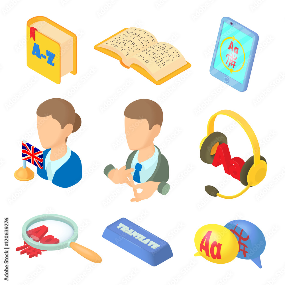Poster learning foreign languages icons set in cartoon style. language interpreter set collection vector il