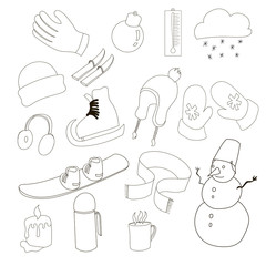 Winter icons set in outline style. Winter clothes and sport equipment set collection vector illustration