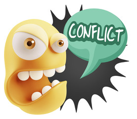 3d Rendering Angry Character Emoji saying Conflict with Colorful