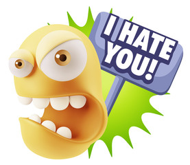 3d Rendering Angry Character Emoji saying I Hate you with Colorf