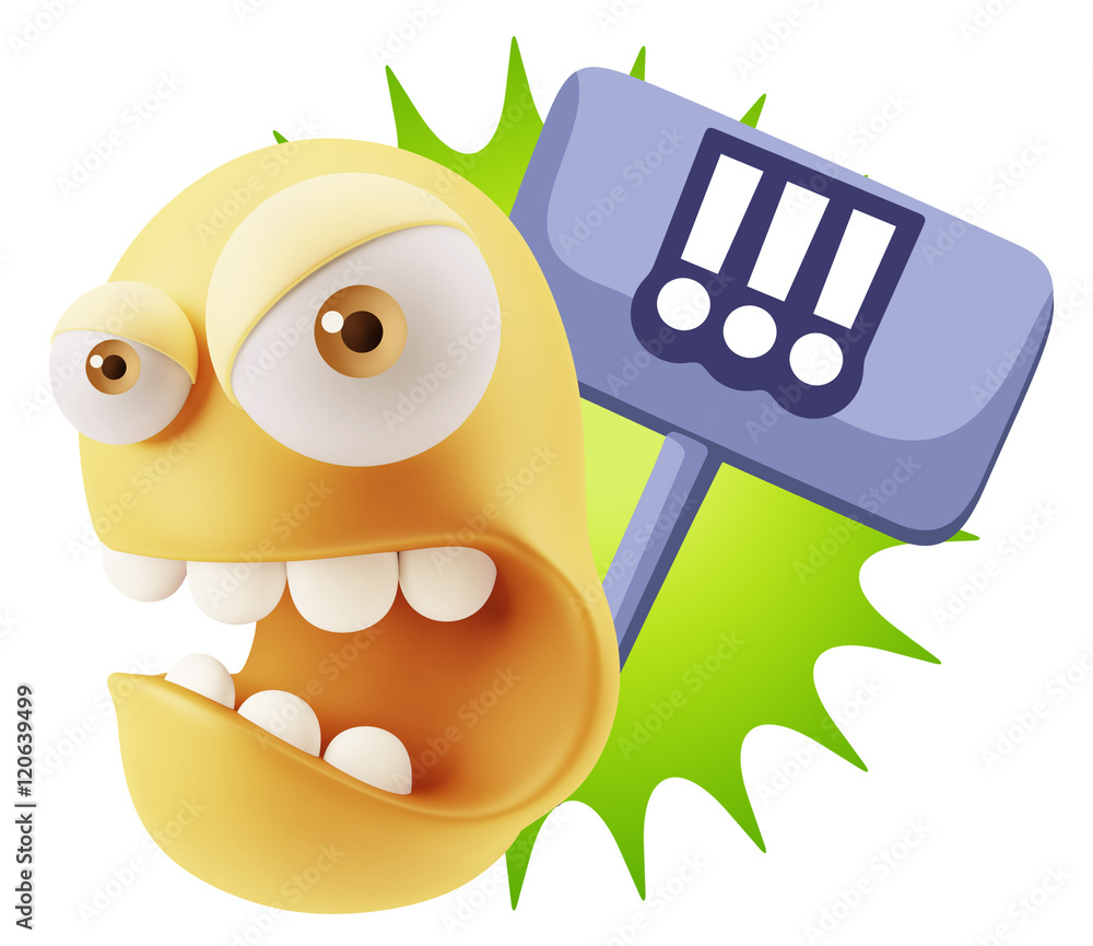 Poster 3d rendering angry character emoji saying !!! with colorful spee