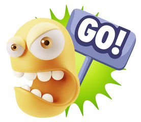 3d Rendering Angry Character Emoji saying Go with Colorful Speec