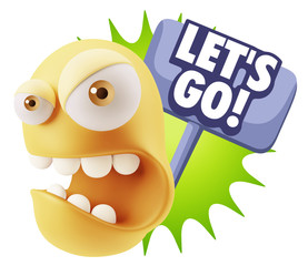 3d Rendering Angry Character Emoji saying Let's Go with Colorful